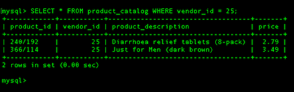 All Products in a Database Table with Vendor ID = 25