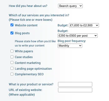 A clip from part of the query form on the Write Online website, showing dropdown menus where you can choose a budget for services such as website content and blog posts