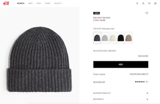 An Add to Cart button on the H&M website