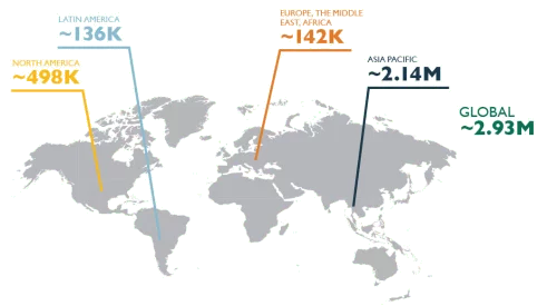 Map showing the shortage of cybersecurity skills across the world